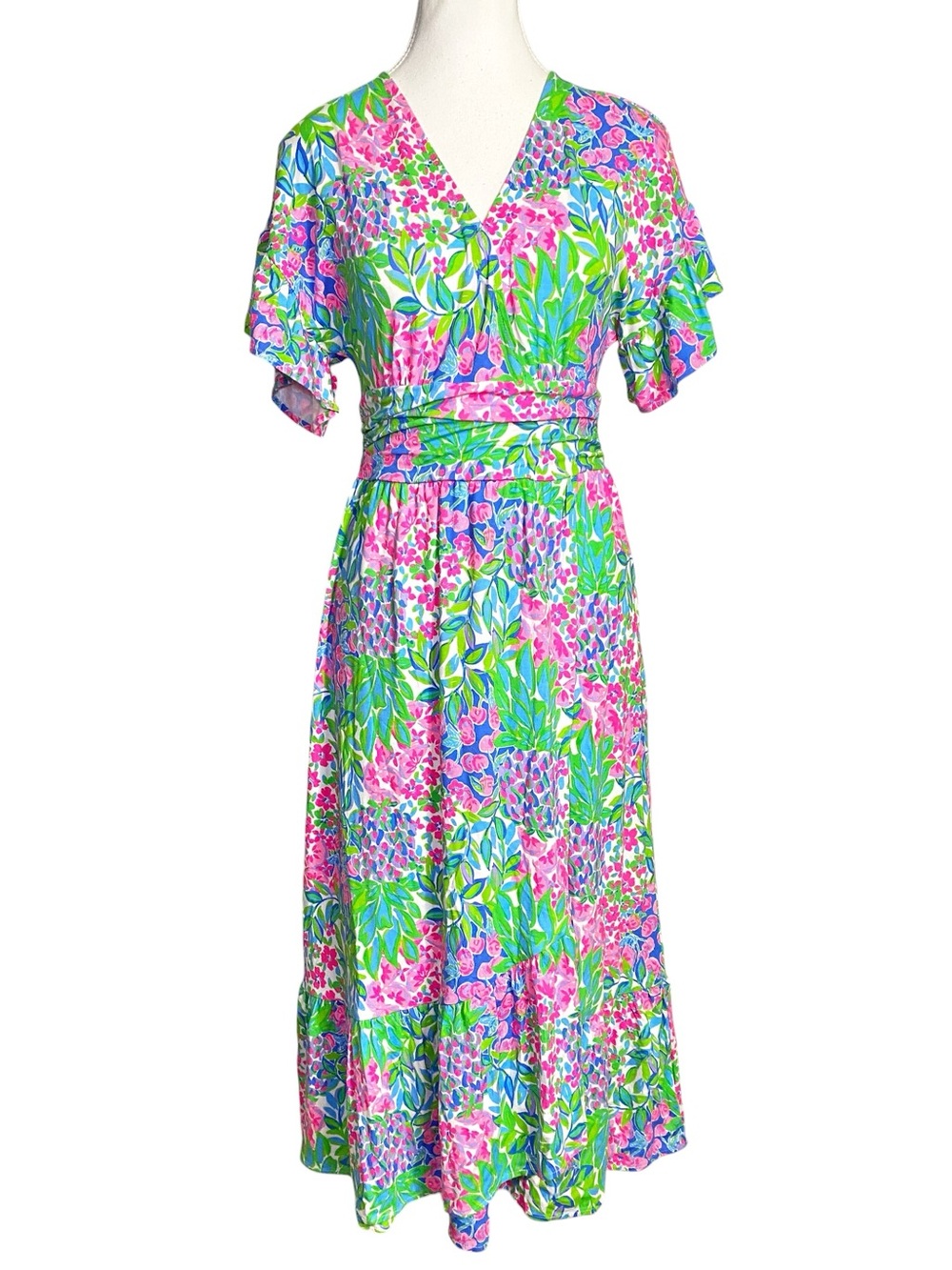 LILLY PULITZER JULIET RUFFLE Flutter Sleeve Ruched MIDI DRESS *A CHERRY ON TOP*